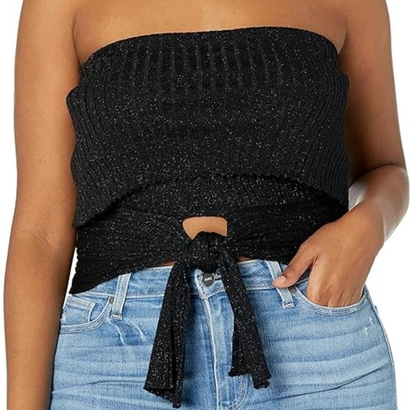 BCBGMaxAzria Tops - BCBGMaxAzria Black Glitter Tie Front Tube Top Size XS NWT Party Clubbing Top